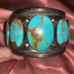 Stunning Large Silver Turquoise Cuff- 8” Inch with 5 Huge Royston Stones